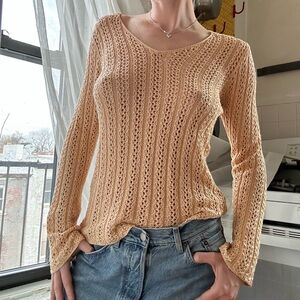 Adrienne Vittadini Peach Open-Knit V-Neck Sweater